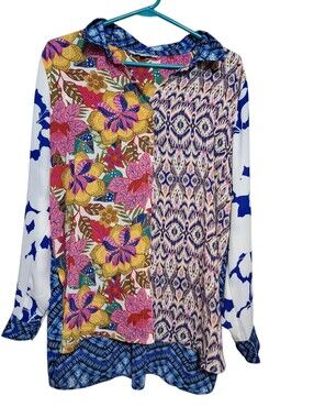 Rose + Olive Womens XL Button Up Top Floral Patchwork Cottage Colorful Boho